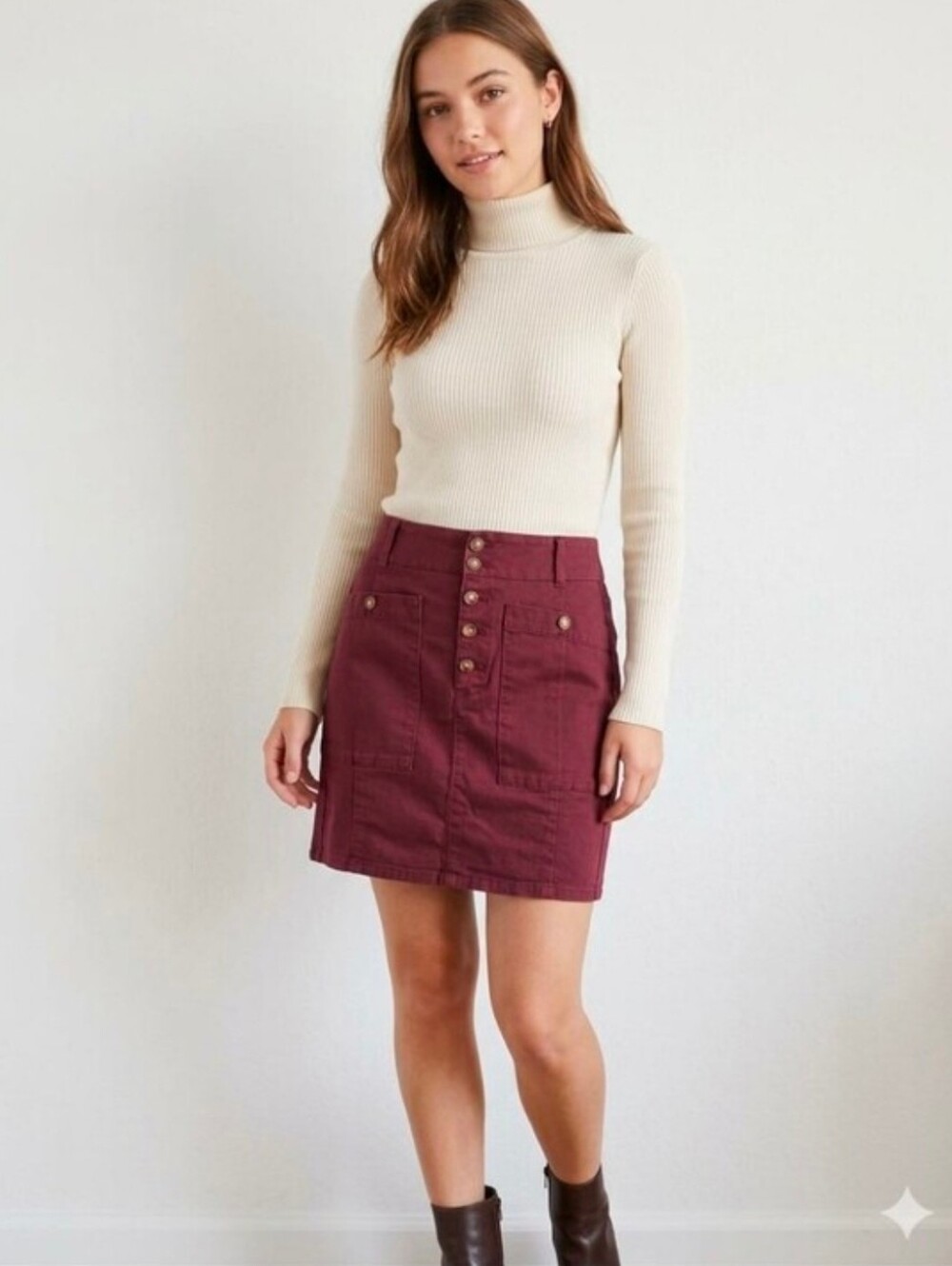 Button-Front Burgundy Cotton Skirt